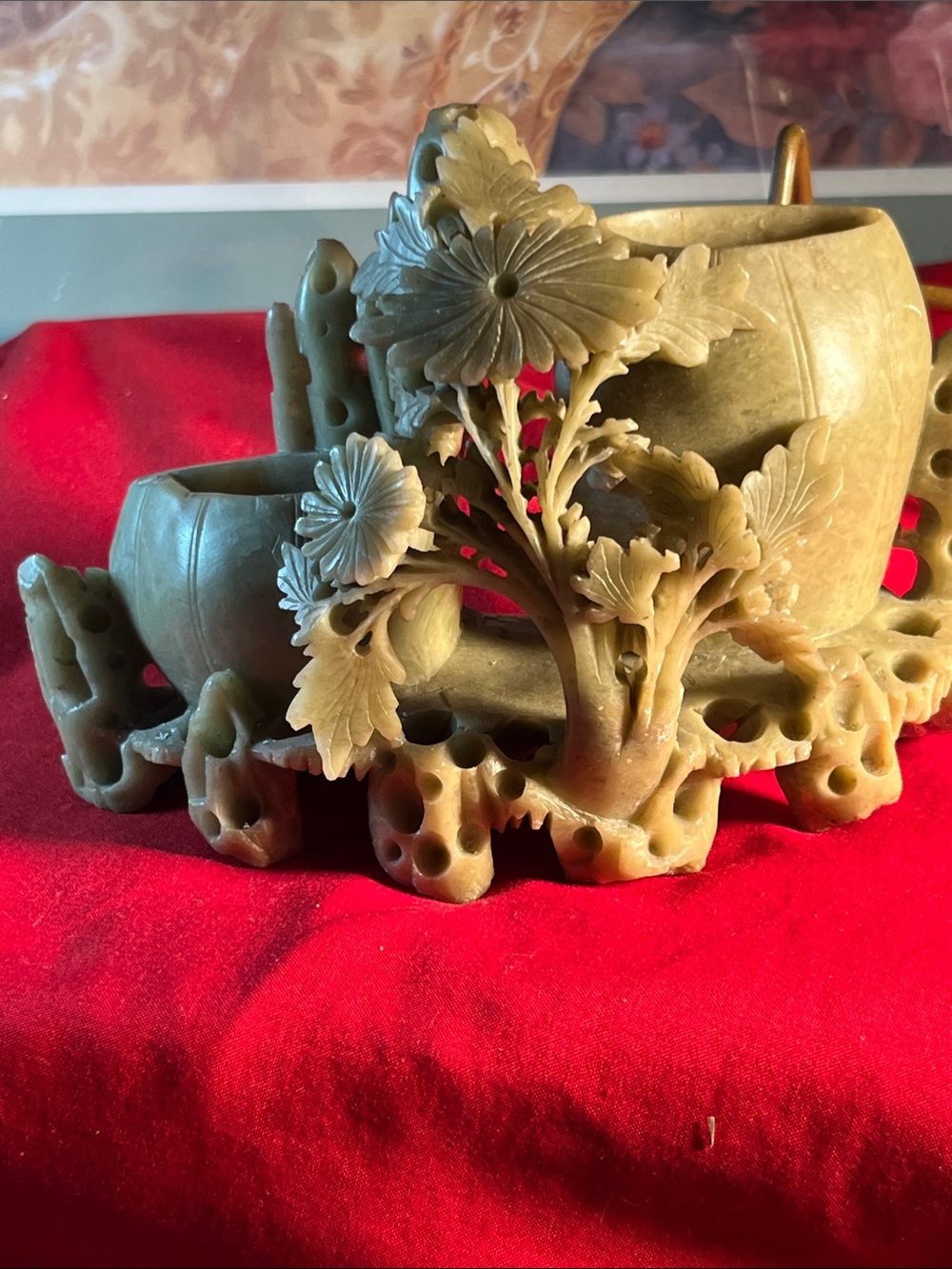 Carved Stone Floral Brush Pot Set in jade Green Chinese hand carved